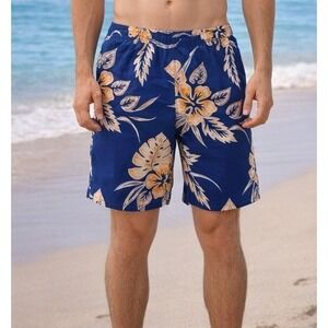 Tommy Bahama 5.5" Swim Trunks Mens XL Navy Orange Tropical Hibiscus Floral EUC